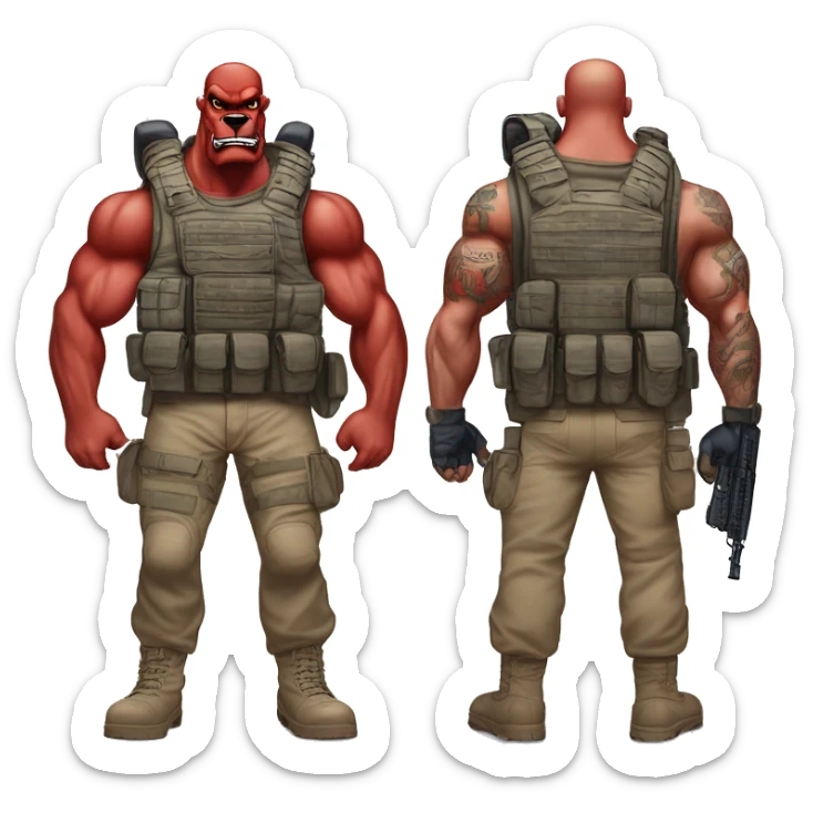 Desert storm daddy hot tall blue eyes Clifford the big red dog muscular with tattoos on arms book illustration humanoid as a military call of duty character standing alone sticker