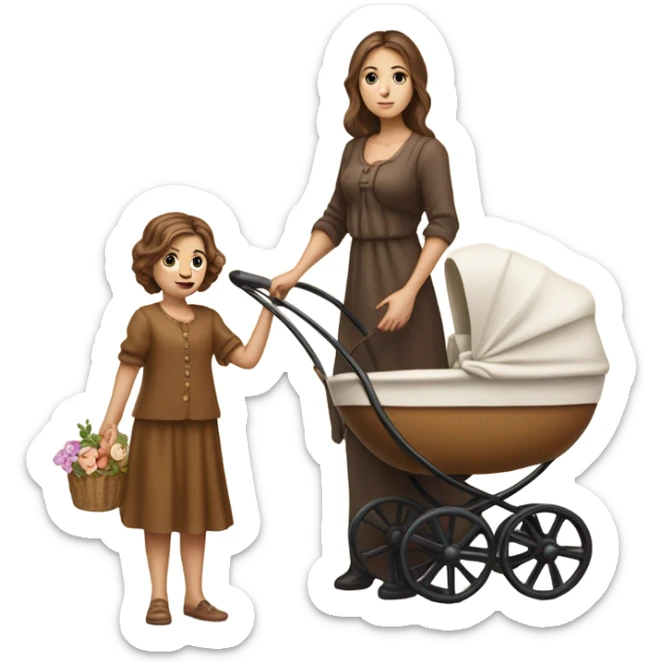slavic beautiful mother with brown hair. next to caramel baby carriage sticker