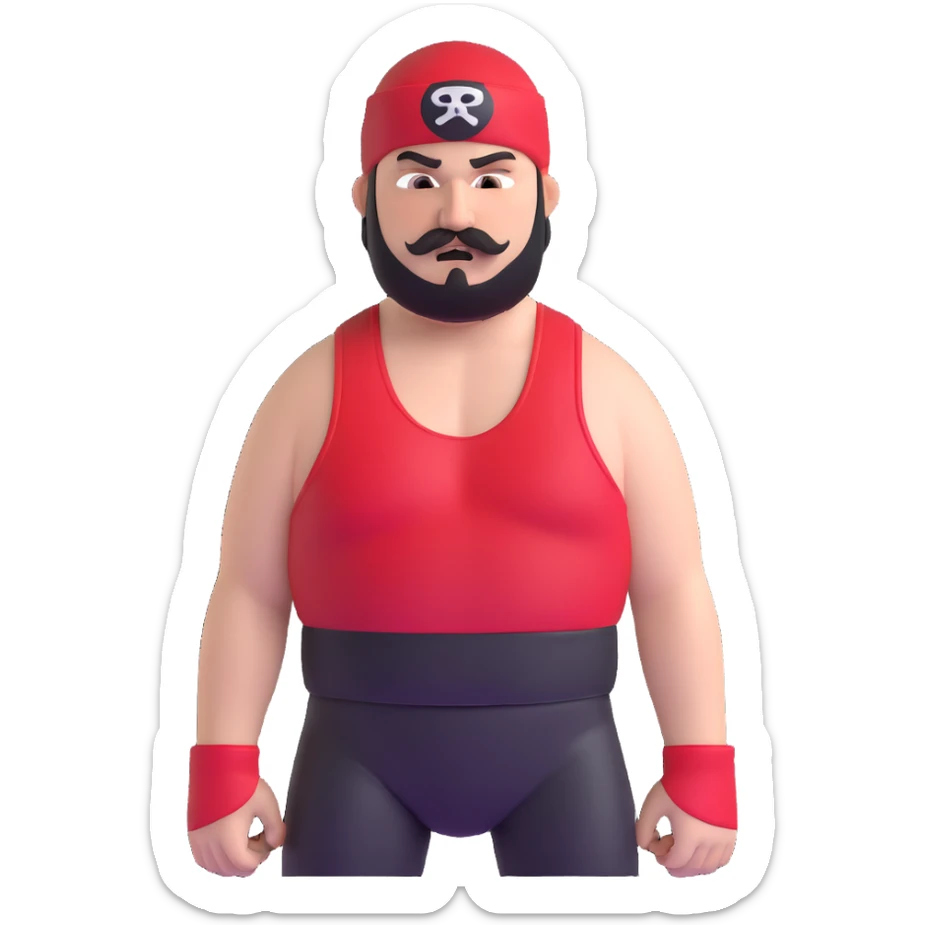 Close-up of very fat white skin guy with young face, beard and mustache, no muscle with prominent black durag, black eyes in a red and black wrestling singlet with angry face sticker