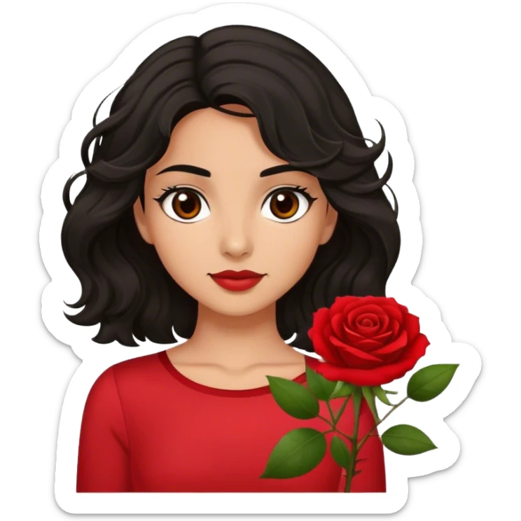 Olive skin Brown eyes black wavy hair red rose backround red top  sticker