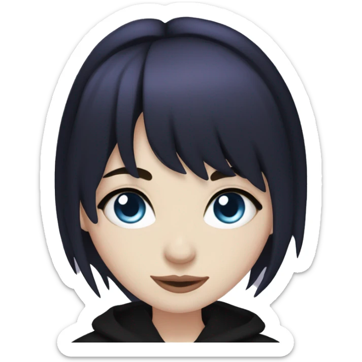 girl, pale skin, blue eyes, long dark purple hair, bangs, black clothes, eyeliner sticker