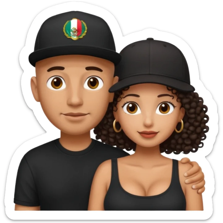 A picture of an embracing tanned couple. the man is a Mexican man with tanned skin, with a bald hair cut wearing a SnapBack hat and a black shirt. the woman has curly longer dark brown hair, thick and with big boobs   sticker