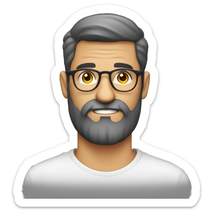 hombre blanco con pelo atado, lentes circulares y barba, vestido con remera oversize sticker