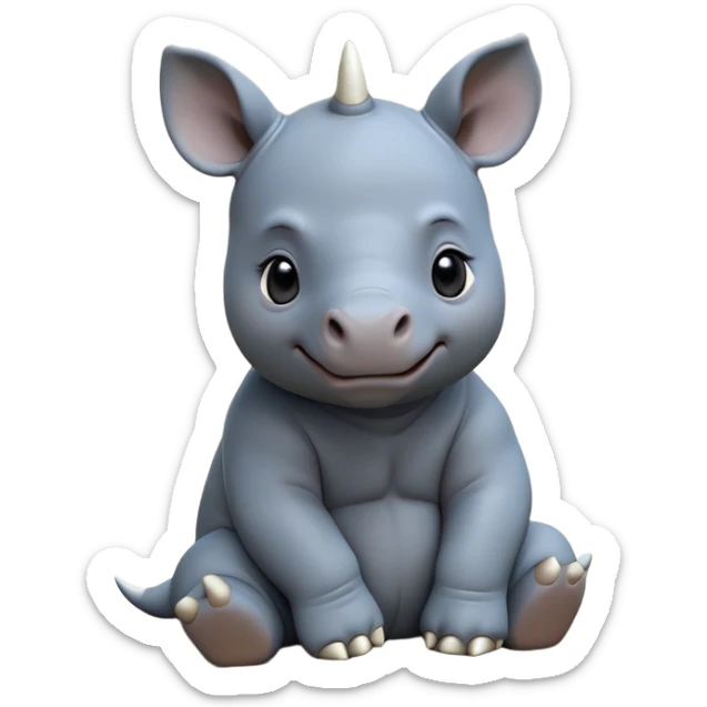 cinematic-baby rhino-full-body-sitting-emoji,white horn, slate grey/blue skin -massive-body-poised-powerfully,-thick-horn-curving-slightly-forward,-head-tilted-dramatically,-rough-grey-hide-covered-in-dust,-simplified-focused-features, large cute black eyes sticker