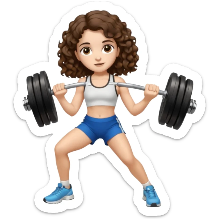 full body, very beautiful italian girl, dark brown eyes, looking like Emma Watson, with curly and big volume very bright brown hair, and a golden piercing ring in nose on left side, pumping dumbbells

 sticker