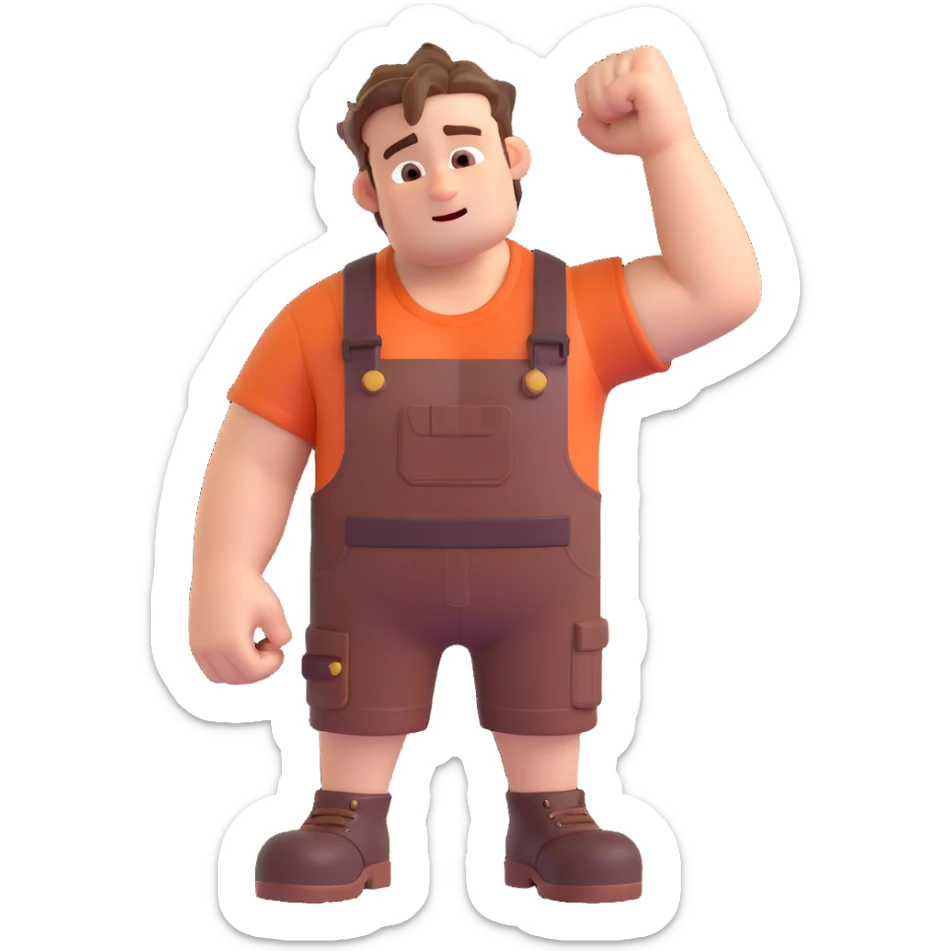 Wreck-It Ralph man with short messy hair, brown overalls, boxy figure with big arms sticker