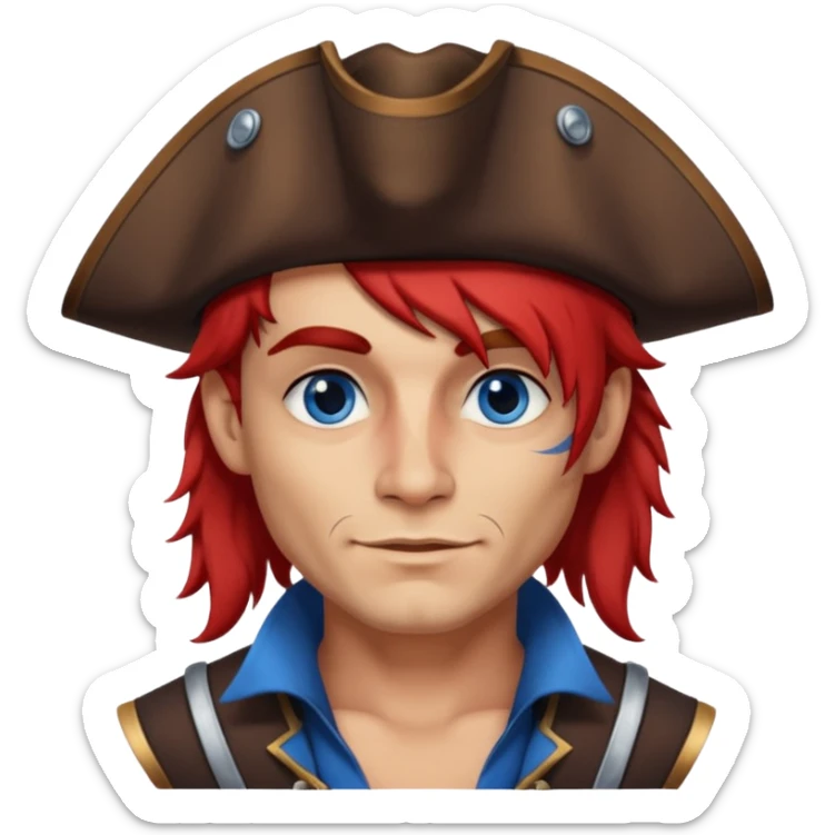 flirting french pirate with a chin dimple blue eyes and hair that fades from red to brown and a wolfcut hairstyle sticker