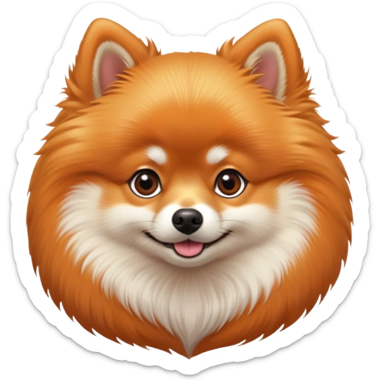 Cinematic Cute Orange Pomeranian Portrait Emoji, Head tilted playfully and inquisitively, showcasing a luxurious, fluffy orange coat with a natural sheen, round, sparkling brown eyes filled with curiosity, Simplified yet irresistibly adorable features, highly detailed, glowing with a warm, friendly glow, high shine, affectionate and lively, stylized with a touch of whimsy, bright and endearing, soft glowing outline, capturing the essence of a mischievous yet loving pup, so playful it feels like it could scamper out of the screen and into your arms! sticker