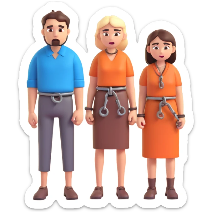 expressive emoji style man and woman in simple rural outfits chained at wrists standing before a village with angry shouting villagers behind bright cartoon colors sticker