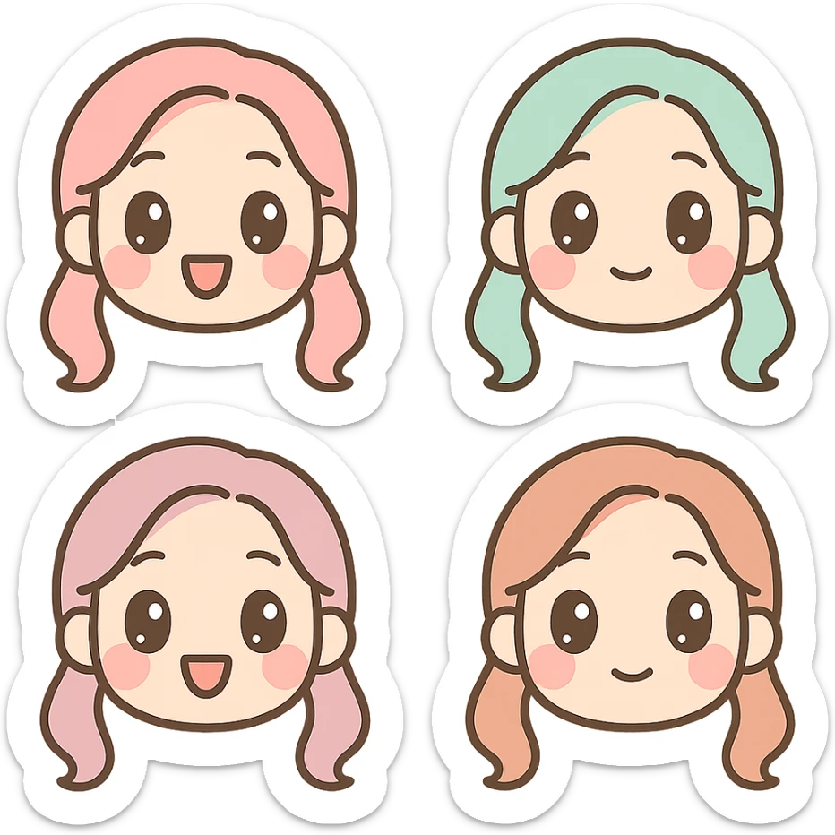 Convert the girl in the image into a set of kawaii style emoticons with transparent background, focusing only on the face and simple expressions. Kawaii style supports text but keep the expressions simple and cute. sticker