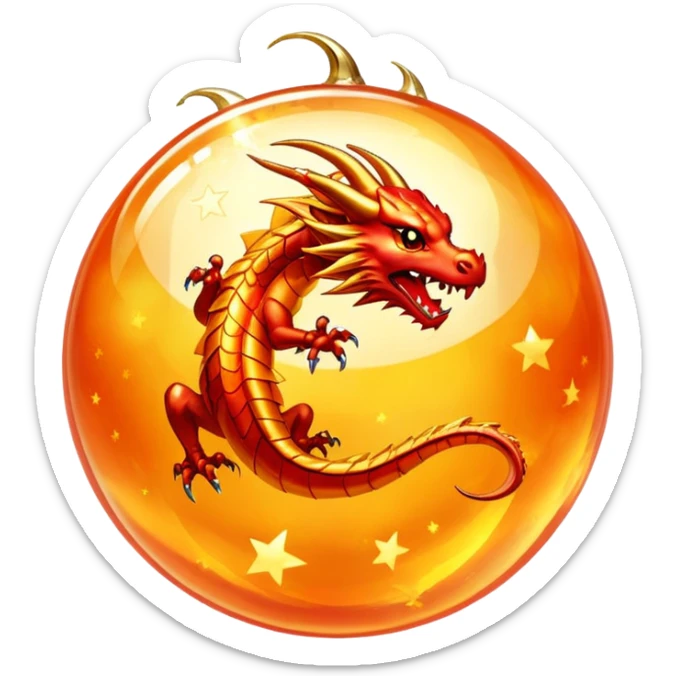 Orange crystal Dragon Ball with red stars inside, glowing golden orb with visible red stars, classic anime style sticker