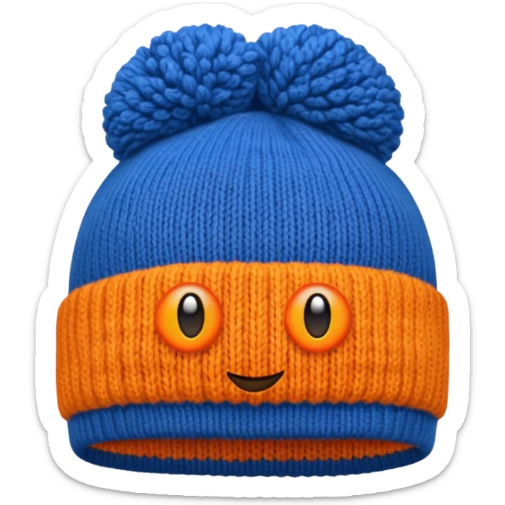 a blue beanie with an orange rim, and an orange puff dot at the top sticker