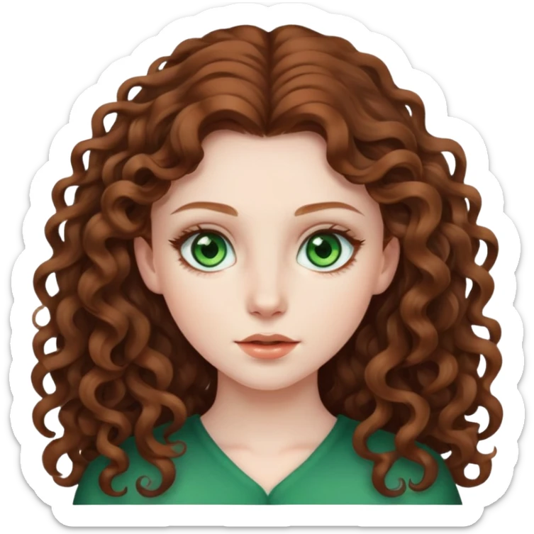 Girl with long brown curly hair and green eyes and pale skin sticker