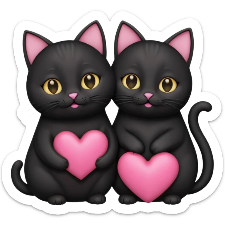 two fat cute black cats love, pink heart, closed mouth, black ears sticker
