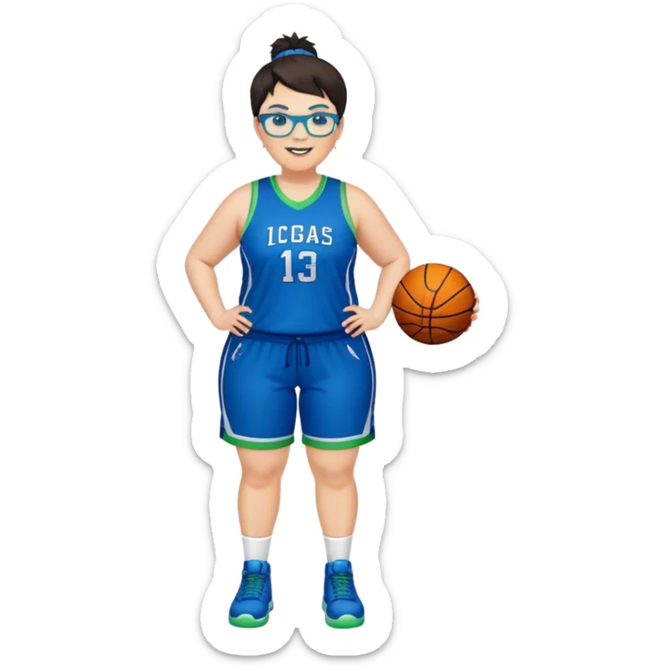 Full Body plus size white female basketball player with short dark hair with highlights spike hair wearing blue glasses  wearing blue green uniform smiling sticker