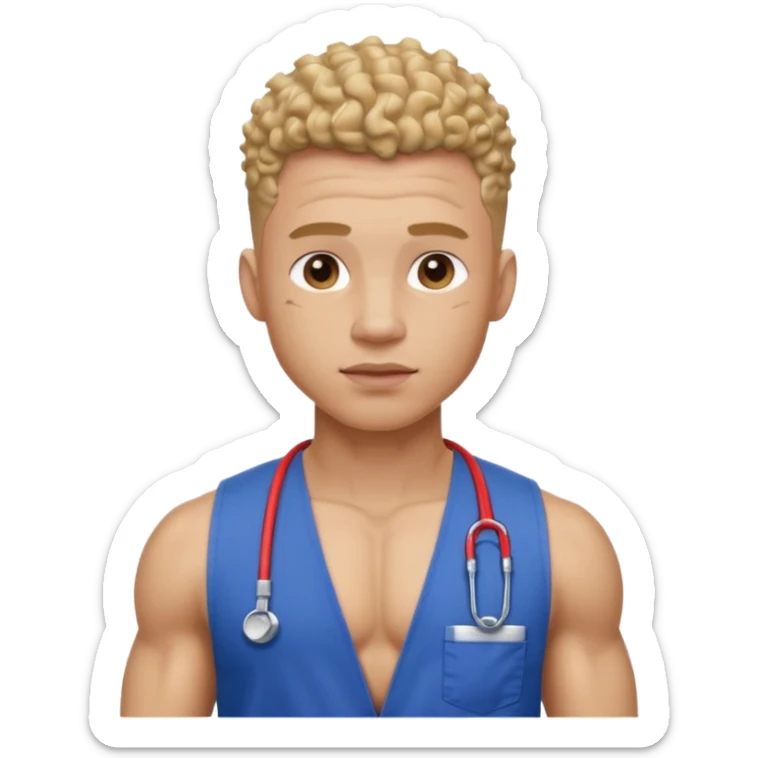 Ripped, athletic man with thick neck, high top fade with no part, curly hair only top only, no shirt and show waistline up add scrubs sticker
