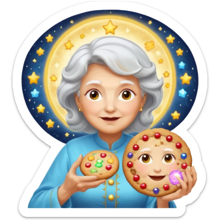 Portrait of a divine grandma with a glowing halo and radiant cookie aura, celestial kitchen with floating ingredients, surreal heavenly light, emoji-style sticker