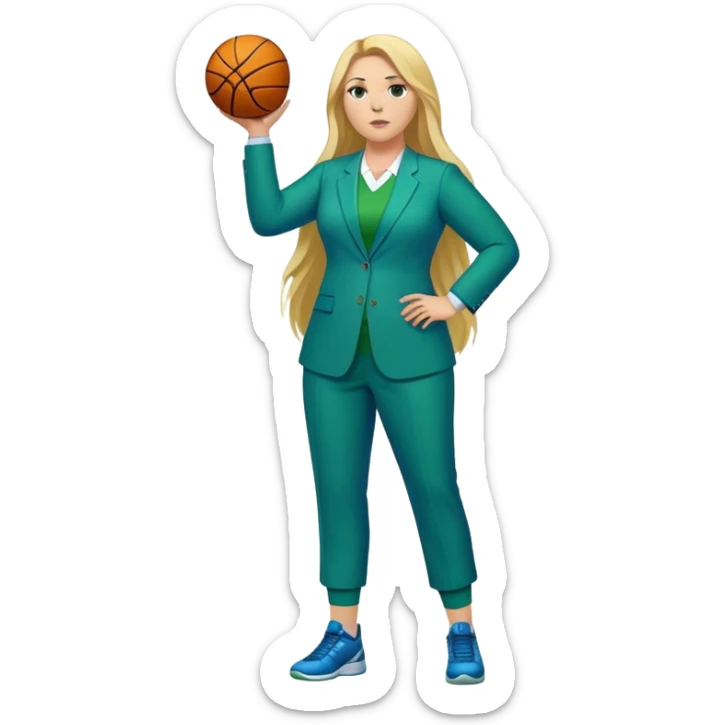 Full Body white plus size female basketball head coach with long blonde hair in a blue and green suit sticker