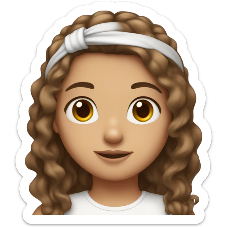 Girl with Brown hair, wavy long hair, Brown eyes, tee shirt White and Headband in the hair and clear skin sticker