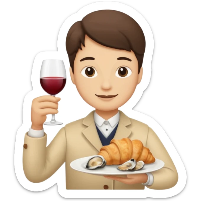 French cuisine humanless avatar in clean emoji-style illustration. 1 Croissant, oysters and wine glass, soft beige tones, simple shapes, flat design, refined and cozy. sticker