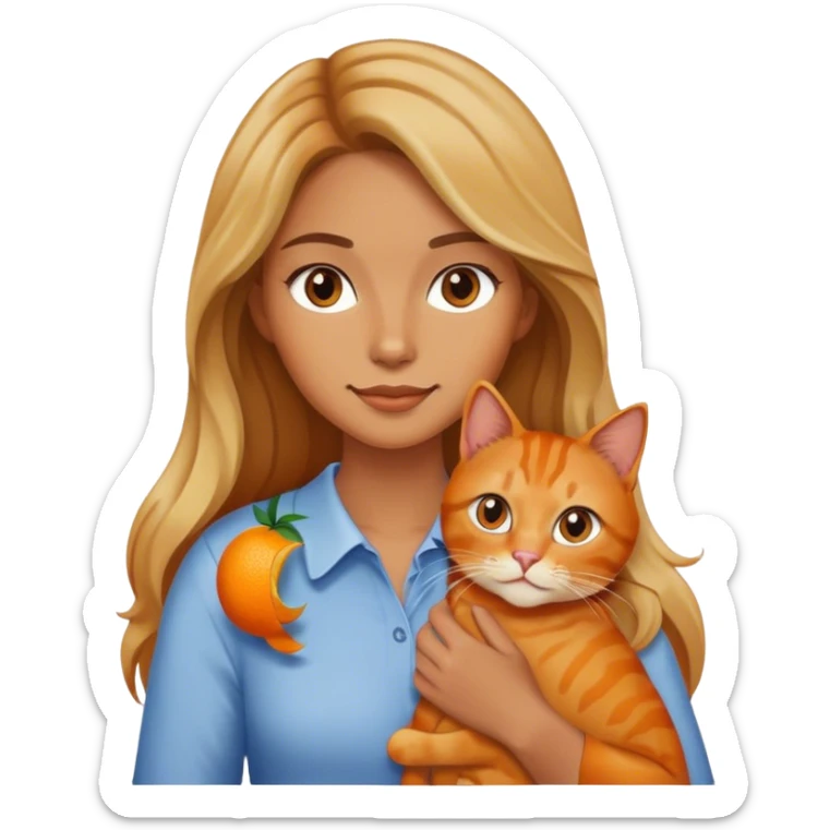 a woman with slightly wavy, long, brown, half blonde hair, holding an orange cat sticker