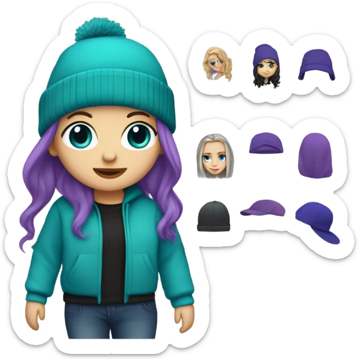 White girl, blue eyes, long teal hair, purple beanie hat, black hoodie, blue jeans, black shoes sticker