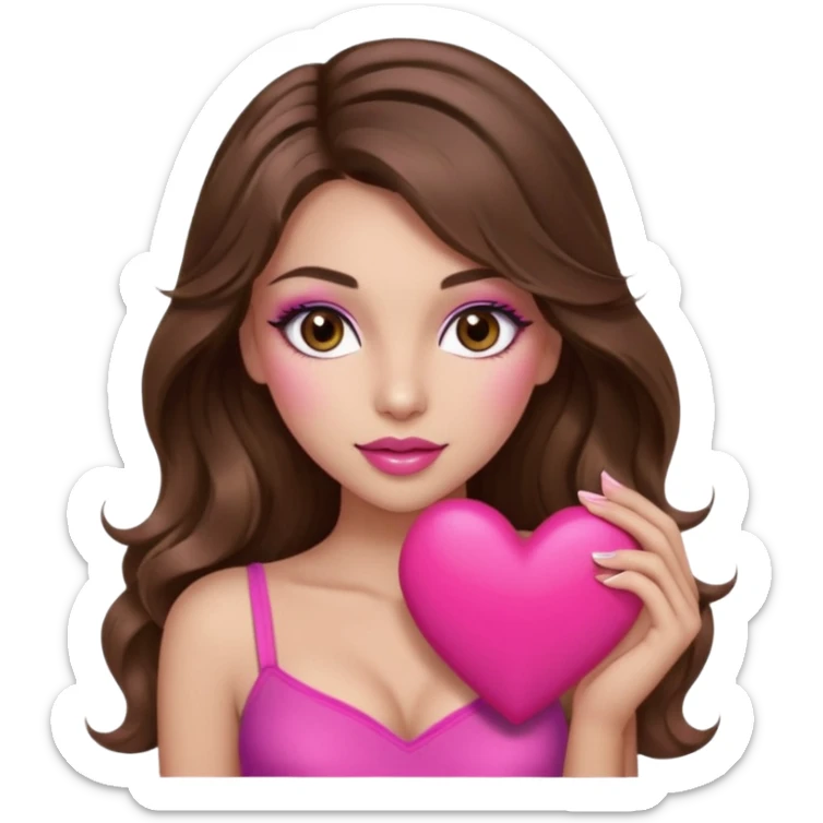 girl with long wavy brown hair, brown eyes, long lashes makeup, sexy pink lips, light to medium complexion, wearing a pink sexy top, holding a big heart sticker