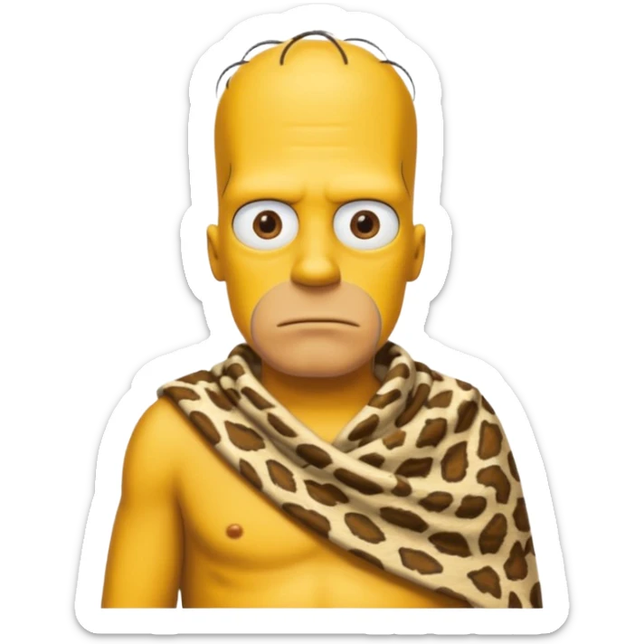 a simpson guy wearing ancient animal skin cloth, half body, icon, yellow skin sticker