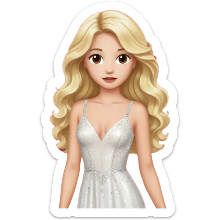 blonde model, brown eyes, long wavy hair, red carpet glam, white sequin gown sticker