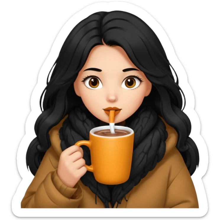 anned Girl with lashes , bright black long hair, in an extremely big fluffy oversized jacket, and drinking hot chocolate drink sticker