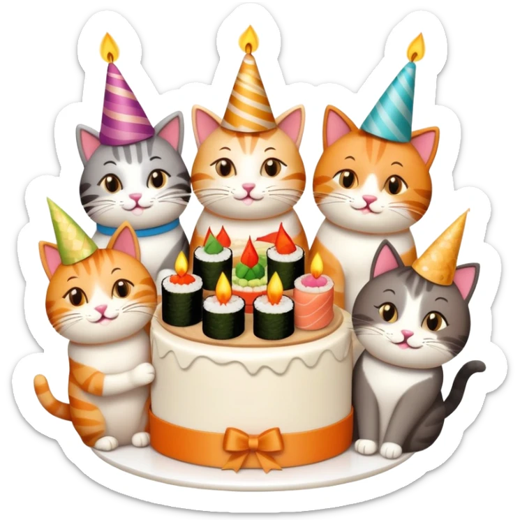 six happy cats wearing party hats celebrating a birthday party around a large cake made entirely of sushi with a candle on top sticker