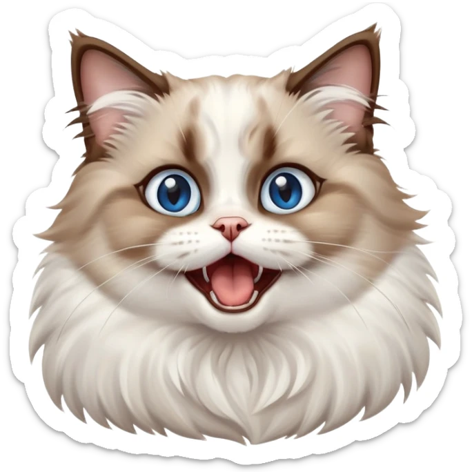 cinematic-adorable-big-eyed-fluffy-brown and white ragdoll-cat-portrait-emoji,-head-tilted-playfully-with-a-cute,-yawn,-soft-brown-and white-colored-fur-with-darker-points-on-the-ears,-simplified-yet-irresistibly-cute-features, sparkling blue eyes sticker
