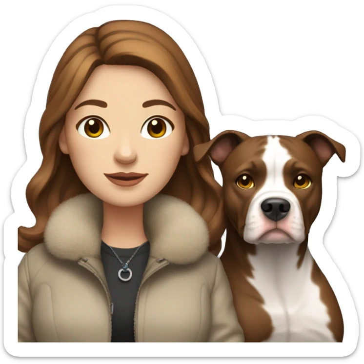 white woman with long brown hair in a furry jacket standing alongside a white pitbull sticker