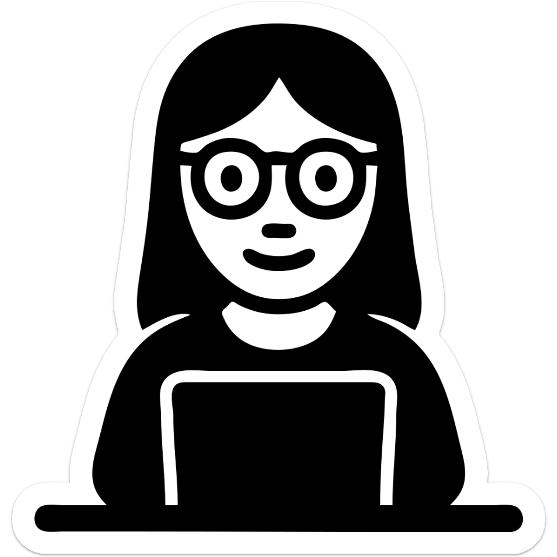 Make the girl smile, keep her long hair and glasses, serious but smiling, working at a desk, minimal flat icon style with no background, simple shapes and clean lines. sticker