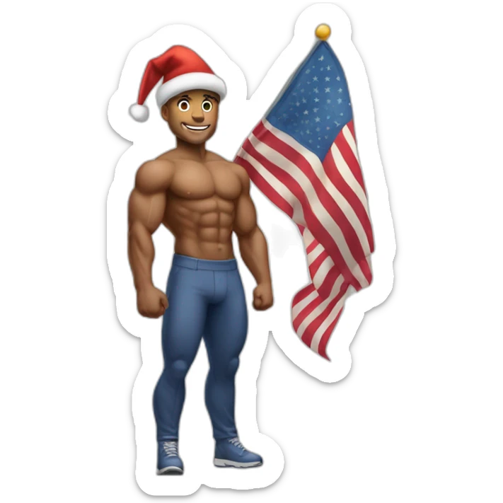 Create a full-body emoji of a muscular man, wearing a New Year's hat and holding a flag. sticker