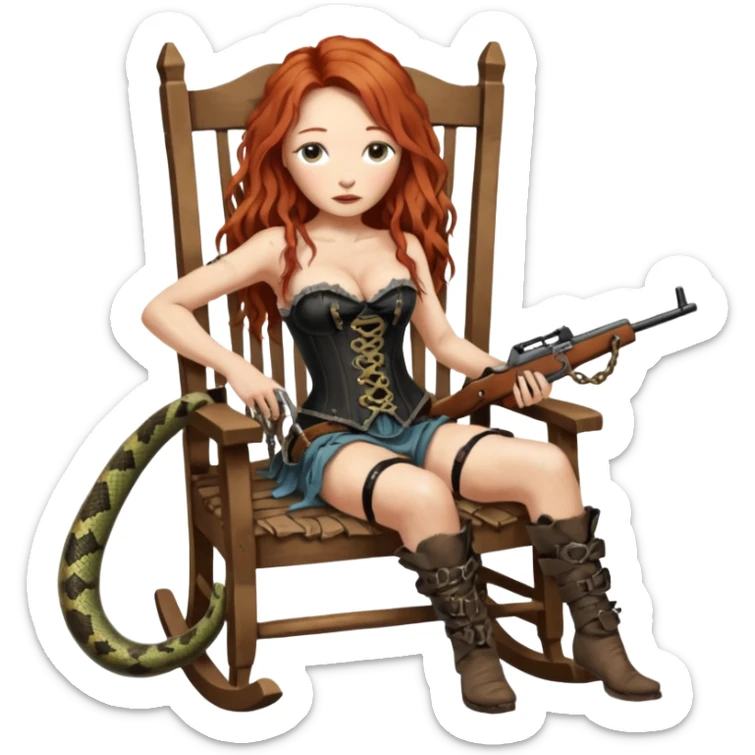 cinematic realistic ultra HD very old and tired Tori Amos casually crouches on a rocking chair in a torn corset, holding a double-barreled rifle and with muddy barefoot - a big snake wrapped itself around the chair sticker