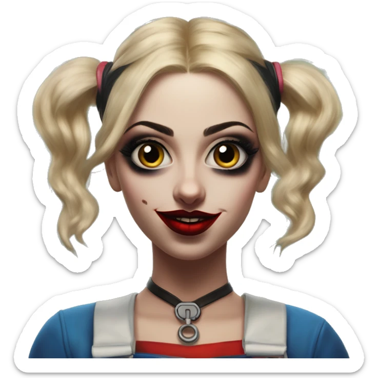 Arabic plumber in Harley Quinn style, oil paint, mysterious eyes, intricate lips, masterpiece portrait, odd perspective, beautiful, desirable, logical sticker