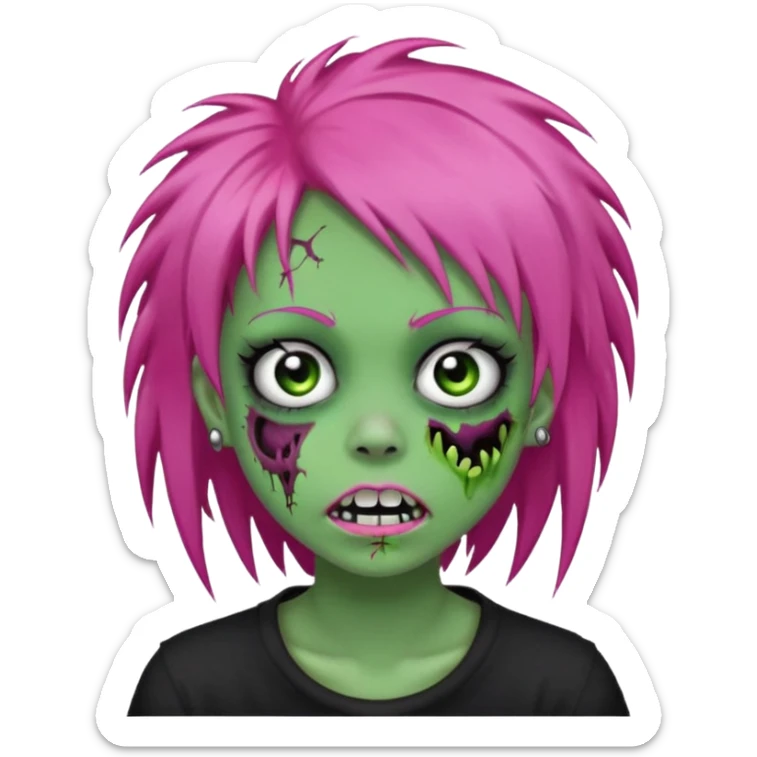 girl, green zombie, pink coily hair, medium long, emo, shaggy, dark, spooky, piercing on eyebrow, colourful teeth, creepy blank expression sticker