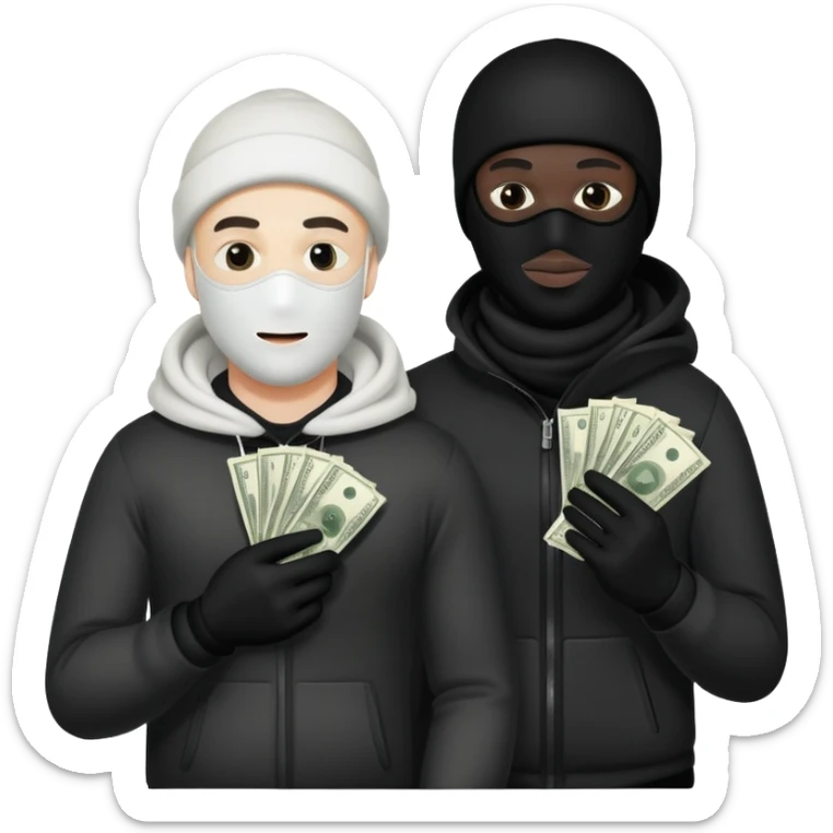 Two men one with white skin color and the other black skin color and both wearing black Ski masks holding money bag sticker