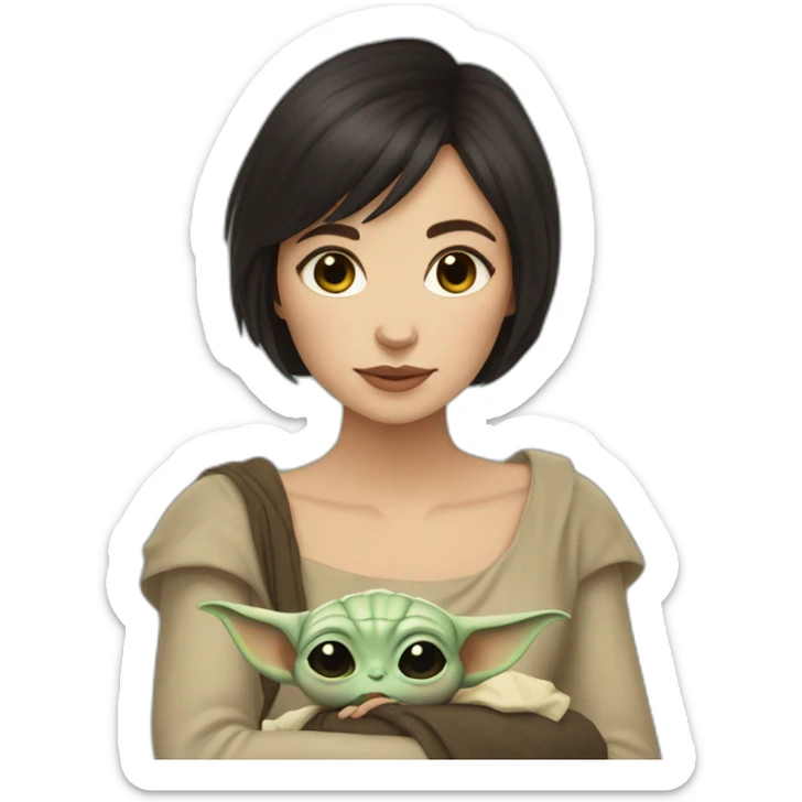Young pale woman, dark short hair, holding baby yoda sticker