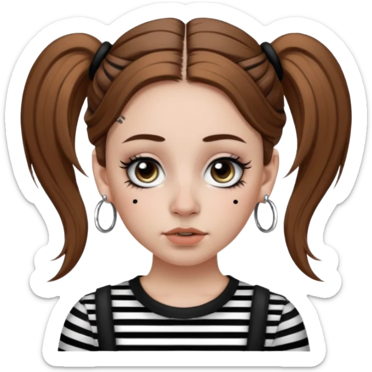 a white girl with brown hair in very low pigtails black eyeliner big false eyelashes with a septum piercing nose piercing big hoop earings dermals close to the eyes one on each side wearing a black and white striped long sleeve shirt sticker