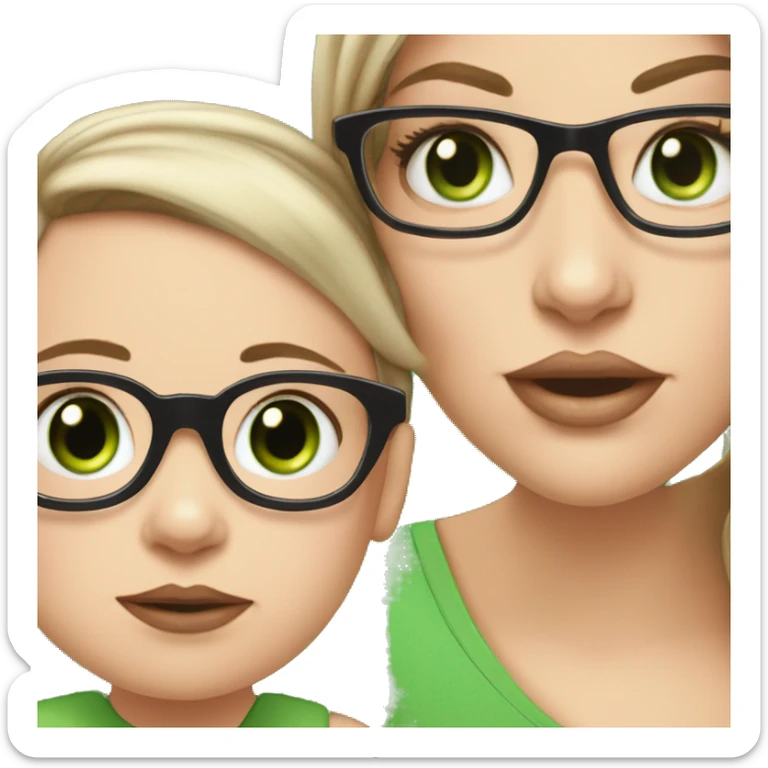 White girl with Black not that long straight hair, with green eyes and glasses, big lips is holding her white, one year old green eyes baby son sticker