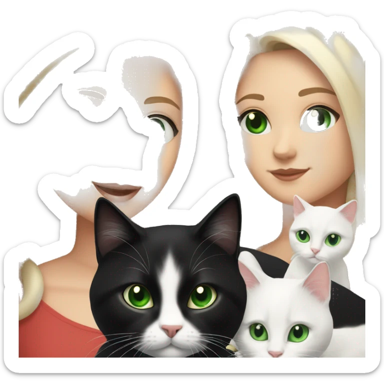 White Girl Black shoulder length hair Green Eyes with 2 cats, one white Cat and black Details on the Head and the other cat is a norwegian cat sticker