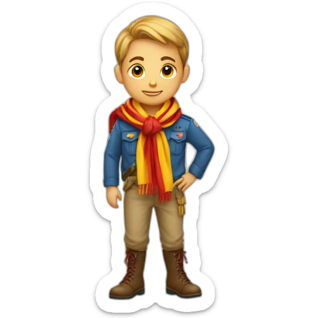 Scout boy with a RED AND YELLOW knotted scarf and a blue scout shirt sticker