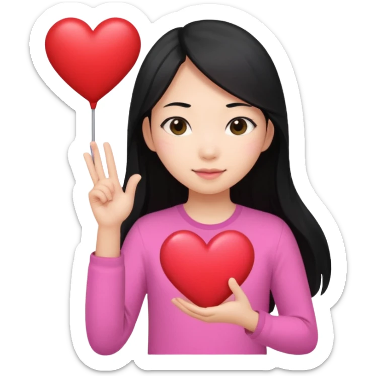 Asian girl long pink shirt hair with heart sign sticker