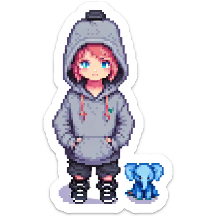 pixel art child with hoodie, elephant in hoodie, black shoes, top hat, blue eyes sticker