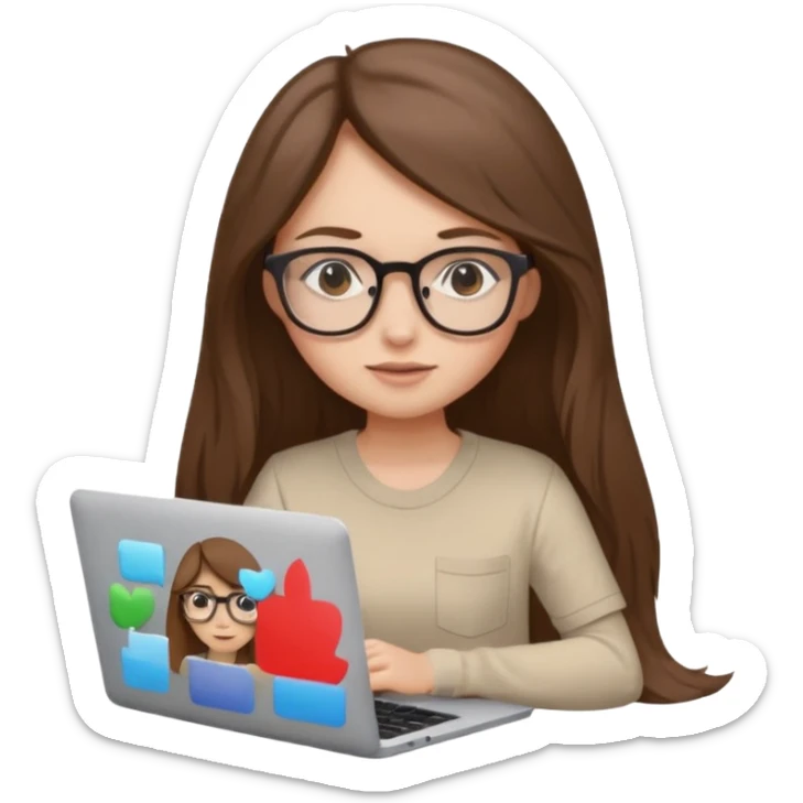 Girl in glasses,brown long hair, beige shirt, sitting with gray MacBook sticker