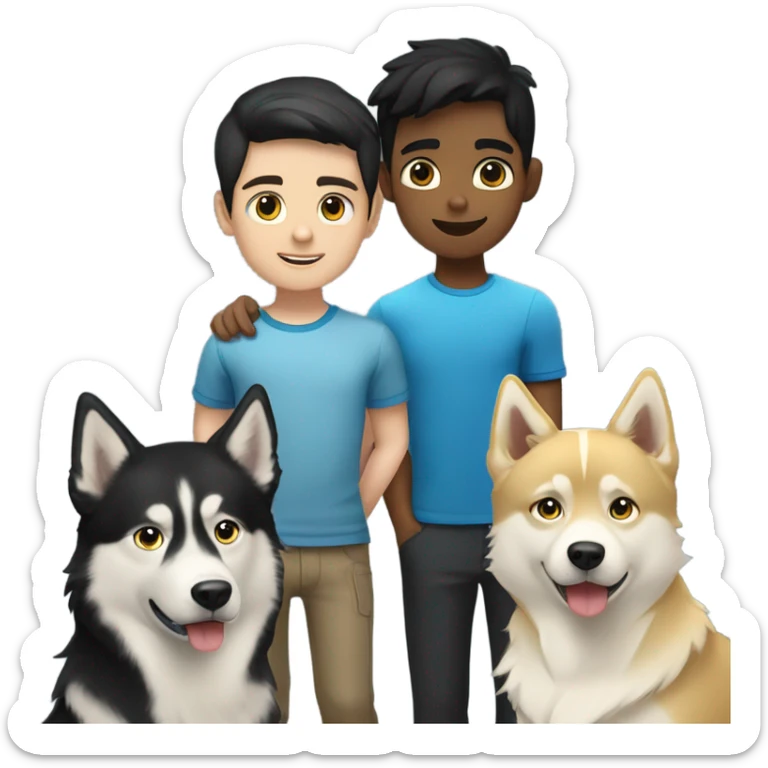 Black hair boy, blond hair boy and a one golden Husky with blue eyes famille sticker