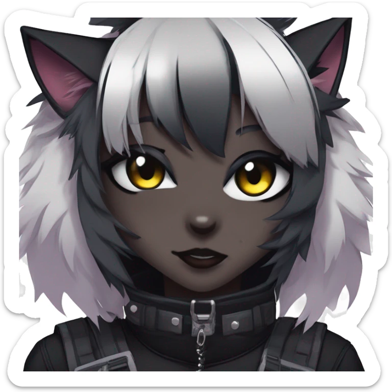 Gorgeous furry dark cyberpunk techwear anime style anthro black cat fursona with blushing face aesthetic and pretty edgy black with collar and harness trending style sticker