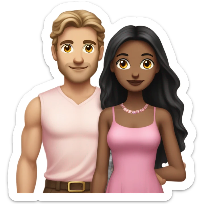 A handsome pale Greek god man who has long brown hair and tanned skin with a pretty black skinny tall model woman who has long black hair and she is wearing a pink dress and they are a couple sticker